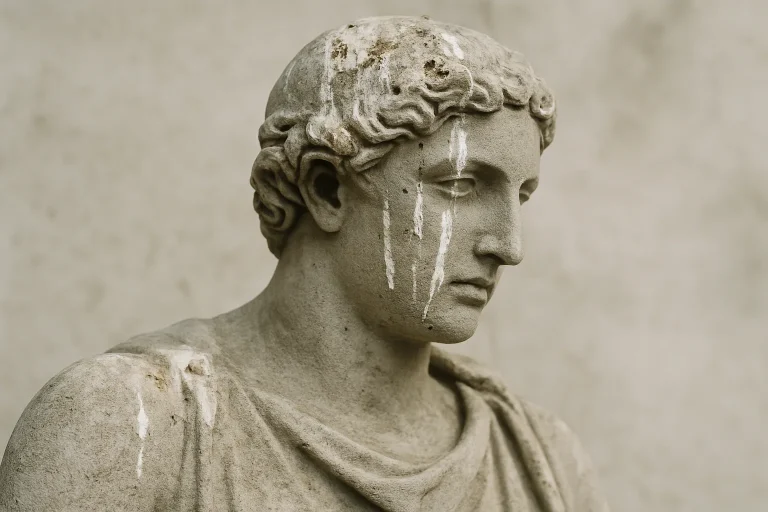 Statue de pierre restaurée avec traces de fientes de pigeons visibles en gros plan.