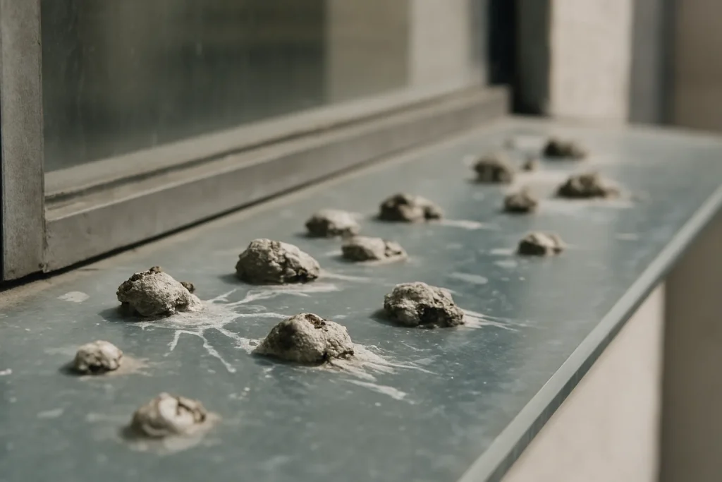 Gros plan de fientes de pigeons sur une fenêtre en verre, montrant leur impact visuel.