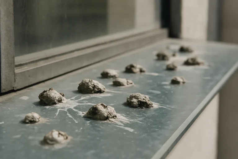 Gros plan de fientes de pigeons sur une fenêtre en verre, montrant leur impact visuel.