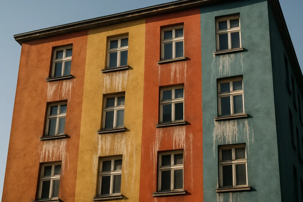 Façade d'immeuble avec peinture décolorée par les fientes de pigeons, vue en contre-plongée.