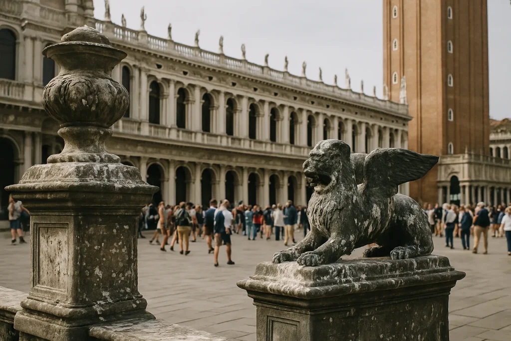 Monuments historiques dans une zone touristique affectés par les fientes de pigeons, avec des touristes autour.