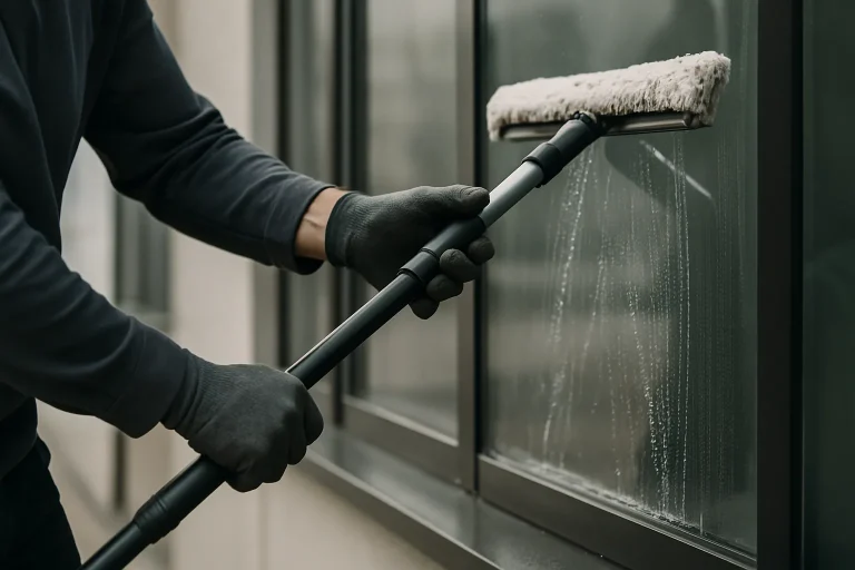 Mains d'un technicien nettoyant une façade vitrée avec un équipement professionnel.