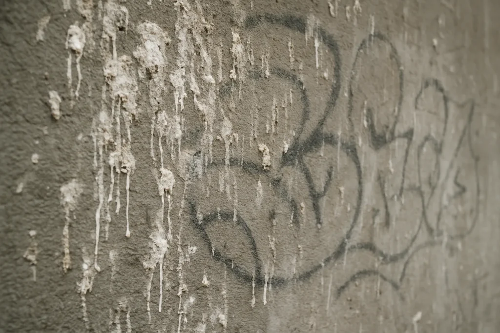 Mur avec fientes de pigeons et graffiti, montrant l'impact sur la surface