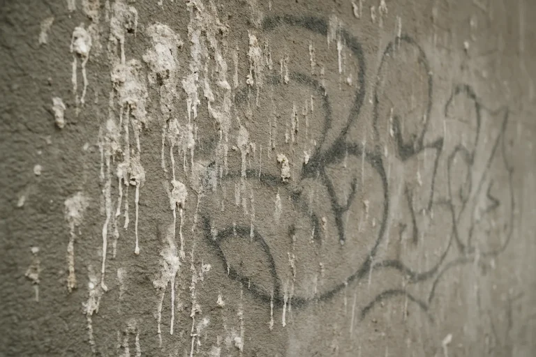 Mur avec fientes de pigeons et graffiti, montrant l'impact sur la surface
