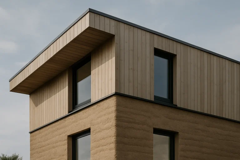 Bâtiment en matériaux éco-responsables exposé à la lumière du jour, montrant sa façade moderne.