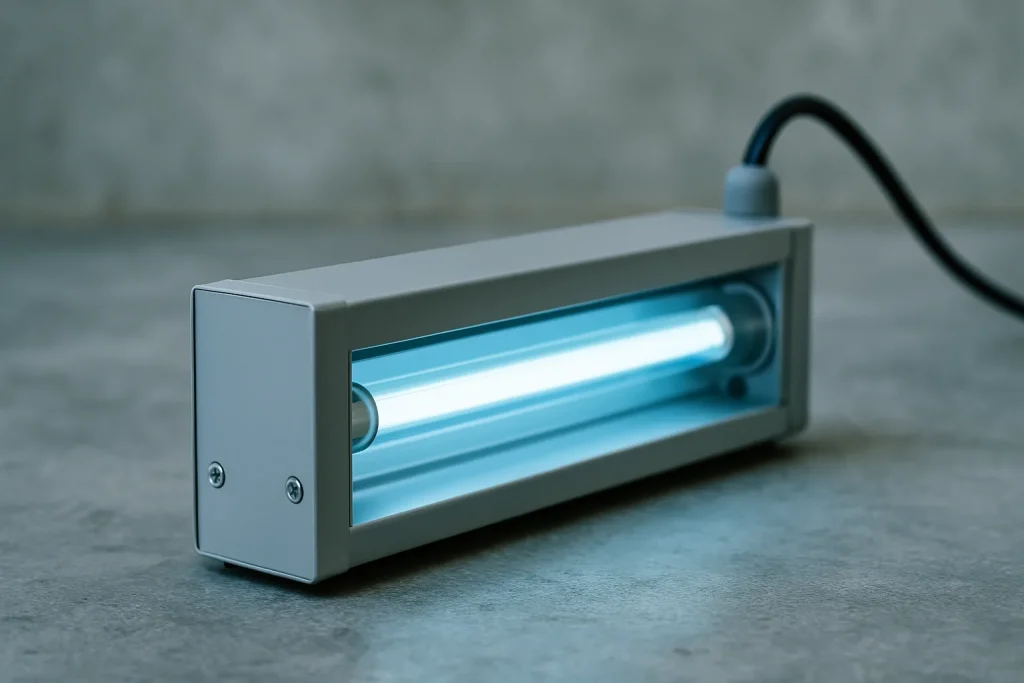 Lampe UV industrielle allumée éclairant une surface de béton