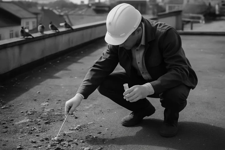 Technicien prélevant des échantillons de fientes de pigeons sur un toit, vue en plongée.