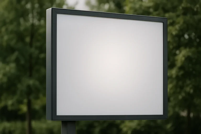 Gros plan d'un panneau d'affichage propre entouré de verdure, éclairage doux