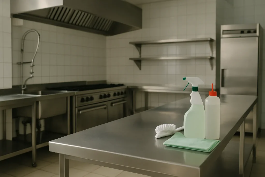 Cuisine industrielle vide avec équipements de nettoyage, surfaces brillantes.