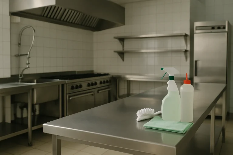 Cuisine industrielle vide avec équipements de nettoyage, surfaces brillantes.