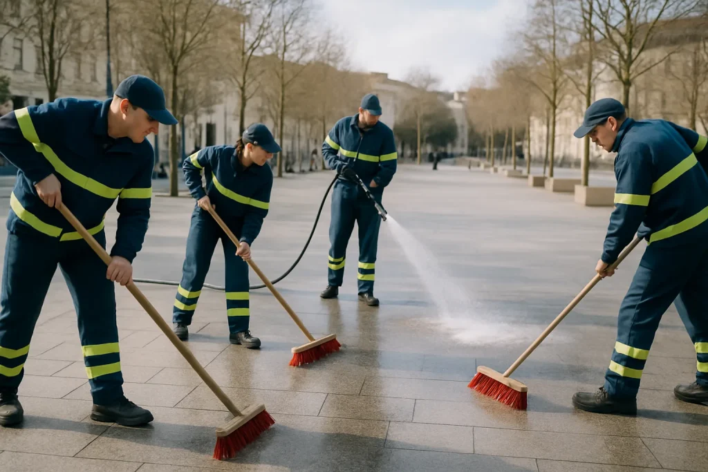 Équipe municipale nettoyant des espaces publics avec balais et jets d'eau.