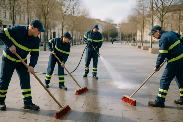 Équipe municipale nettoyant des espaces publics avec balais et jets d'eau.