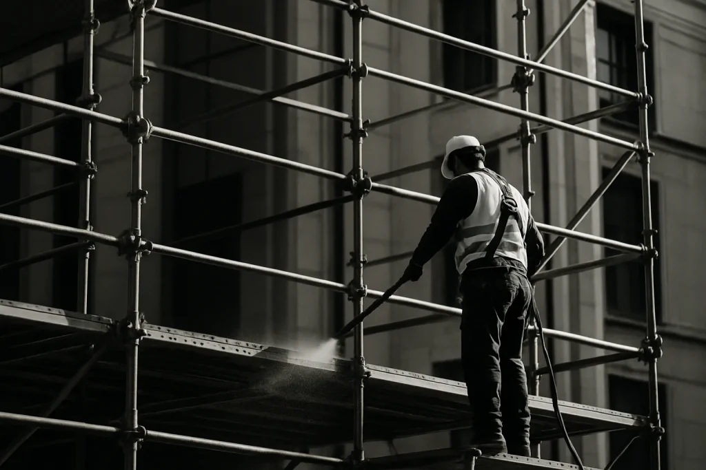Ouvrier en tenue de sécurité nettoyant les échafaudages urbains.