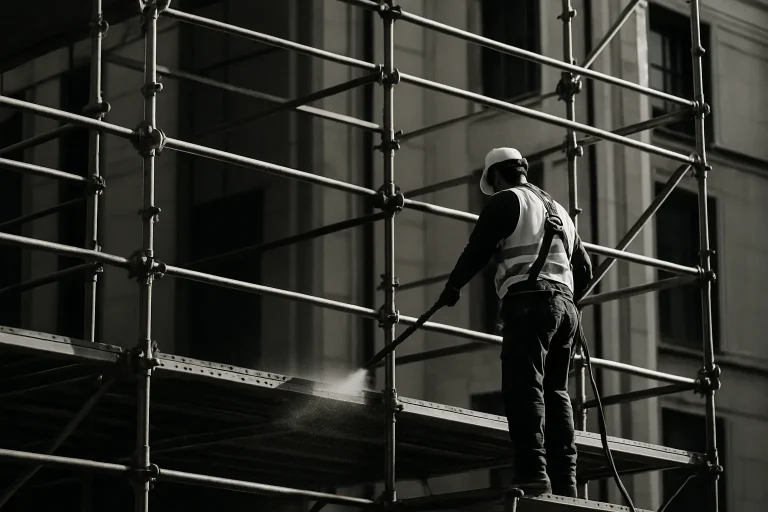 Ouvrier en tenue de sécurité nettoyant les échafaudages urbains.