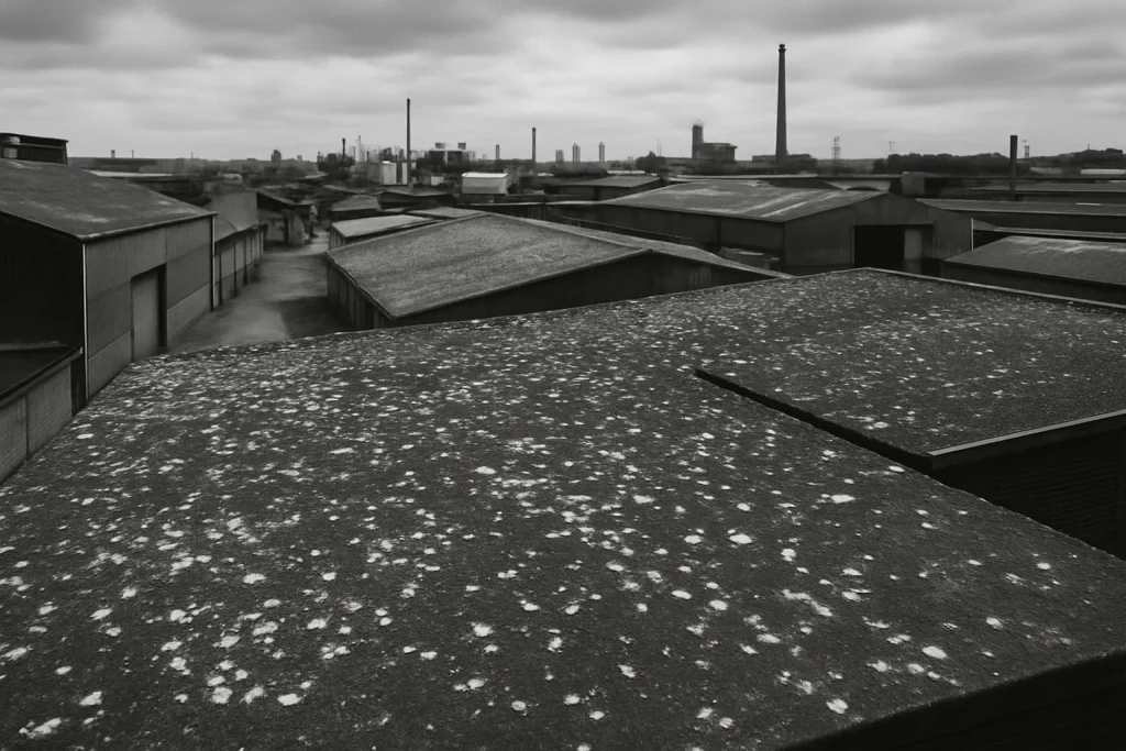 Vue en noir et blanc d'une zone industrielle avec des toits couverts de fientes de pigeons