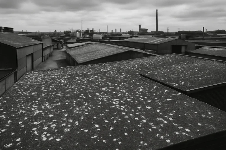 Vue en noir et blanc d'une zone industrielle avec des toits couverts de fientes de pigeons