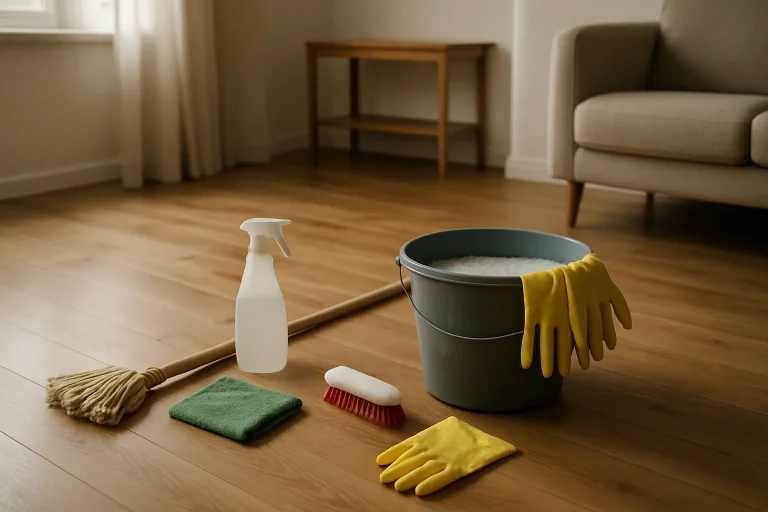 Outils de nettoyage sur un sol en bois avec seau d'eau savonneuse et gants