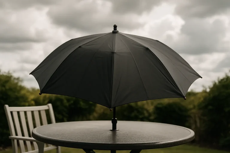 Un parapluie ouvert protégeant une table de jardin des fientes de pigeons, sous un ciel nuageux.