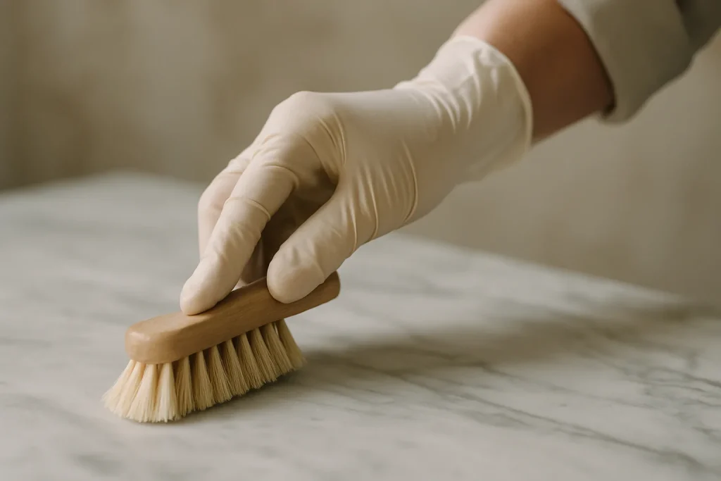 Mains en gants nettoyant soigneusement des fientes de pigeons sur une surface en marbre.