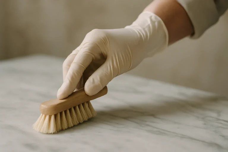 Mains en gants nettoyant soigneusement des fientes de pigeons sur une surface en marbre.