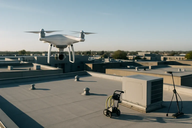 Drone volant au-dessus d'un toit d'immeuble, prêt pour l'application de répulsifs anti-pigeons.