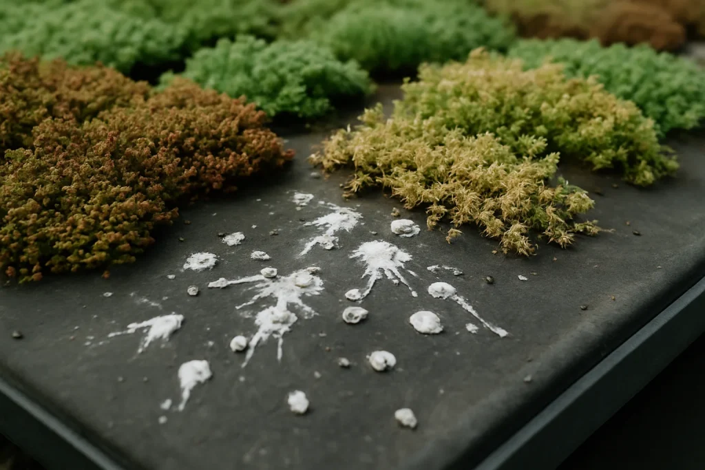 Gros plan d'une toiture végétalisée avec fientes de pigeons visibles sur les plantes.
