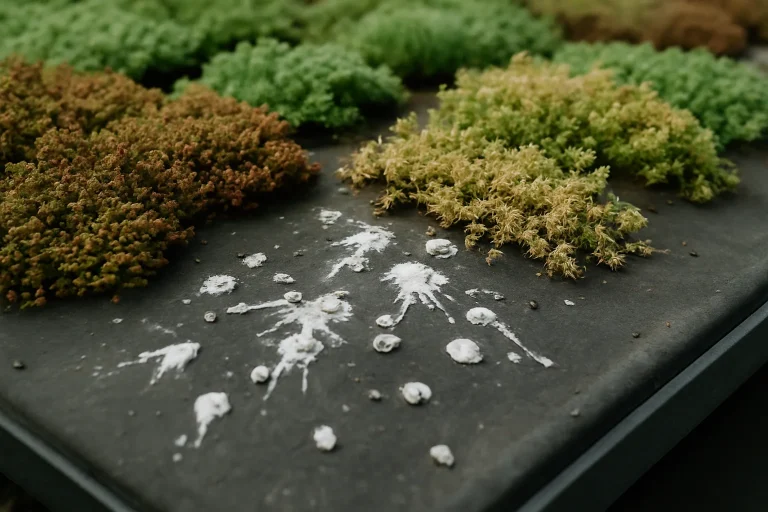Gros plan d'une toiture végétalisée avec fientes de pigeons visibles sur les plantes.