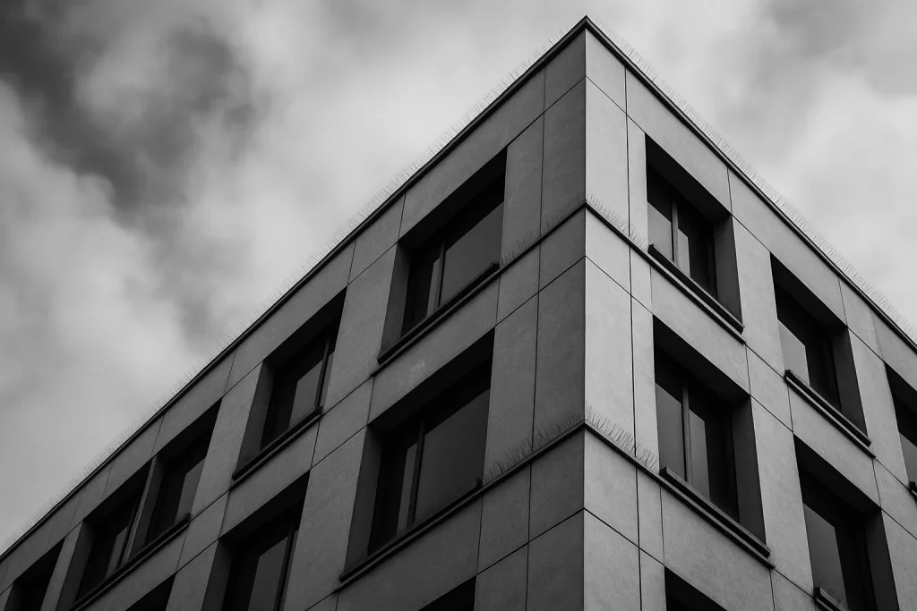 Façade d'un bâtiment moderne avec dispositifs anti-pigeons intégrés.