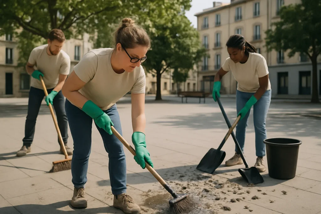 Scène extérieure montrant des bénévoles d'une association nettoyant les fientes de pigeons sur une place publique.