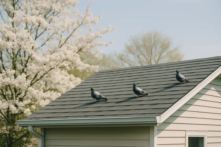 Toit résidentiel au printemps avec pigeons perchés, arbres en fleurs et ciel bleu.